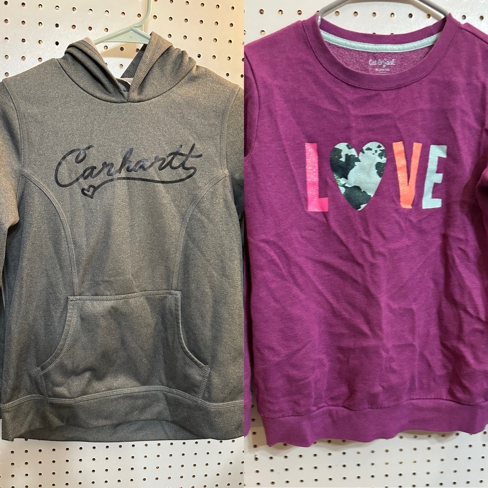 Carhartt Girls 14 Gray Kids Hoodie and Cat & Jack Love Sweatshirt 14/16